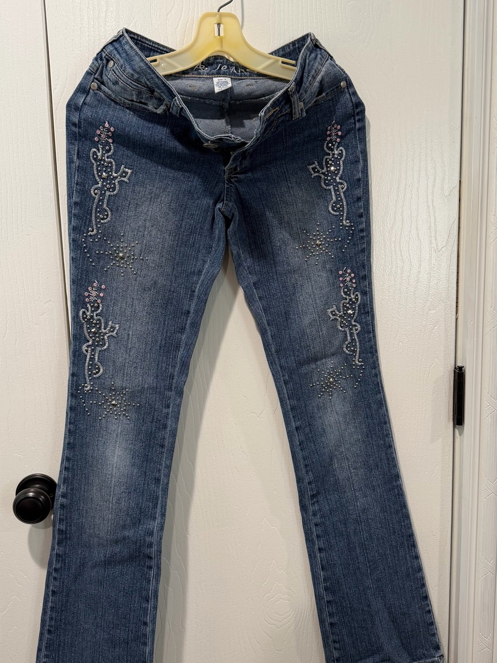 Embellished Dark Blue Flare Jeans with Rhinestone Detail